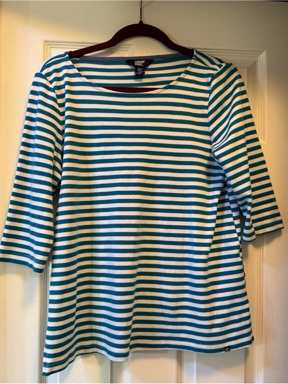 LANDS’ END Pima Cotton 3/4 Sleeve Stripe Tee-Large
